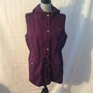 Zenana Outfitters Burgundy Cargo Hooded Women's Vest, Size: L
